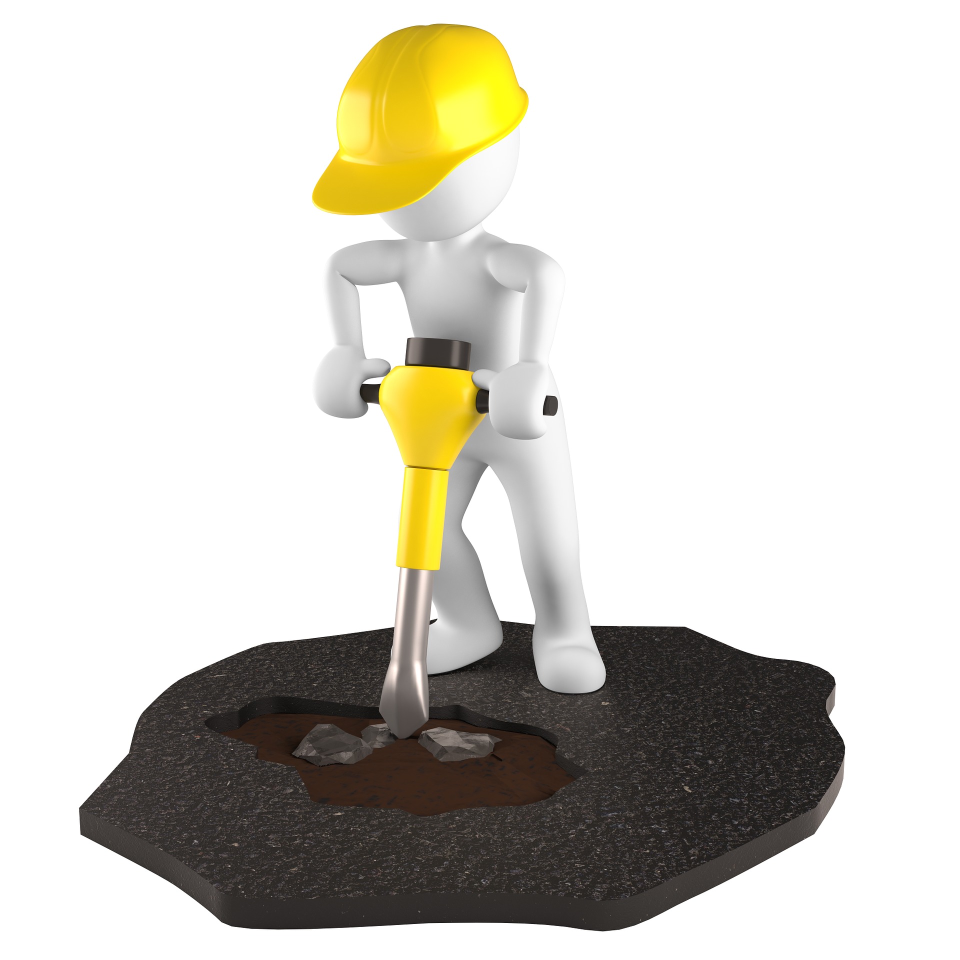 This is an image of a white 3D stick figure with no features operating a yellow jackhammer. His is standing on a brown patch of ground and the ground is broken below the jackhammer. He is wearing a yellow hard hat.