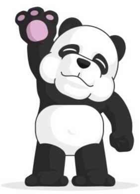 This is an image of a cartoon panda. It is standing on its hind legs and is holding up its right arm, showing a pink paw and three ‘fingers.'