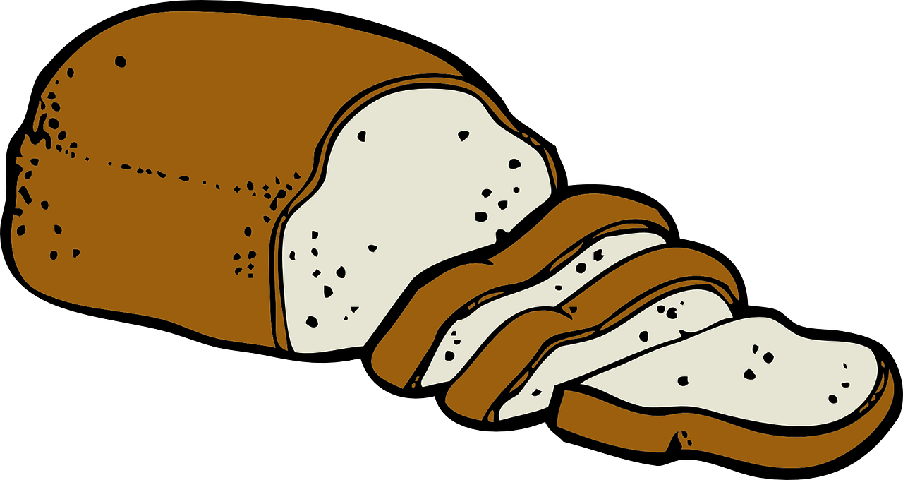 This is a diagram of a loaf of bread with brown crust and three slices cut from it.  They are piled in front of it.