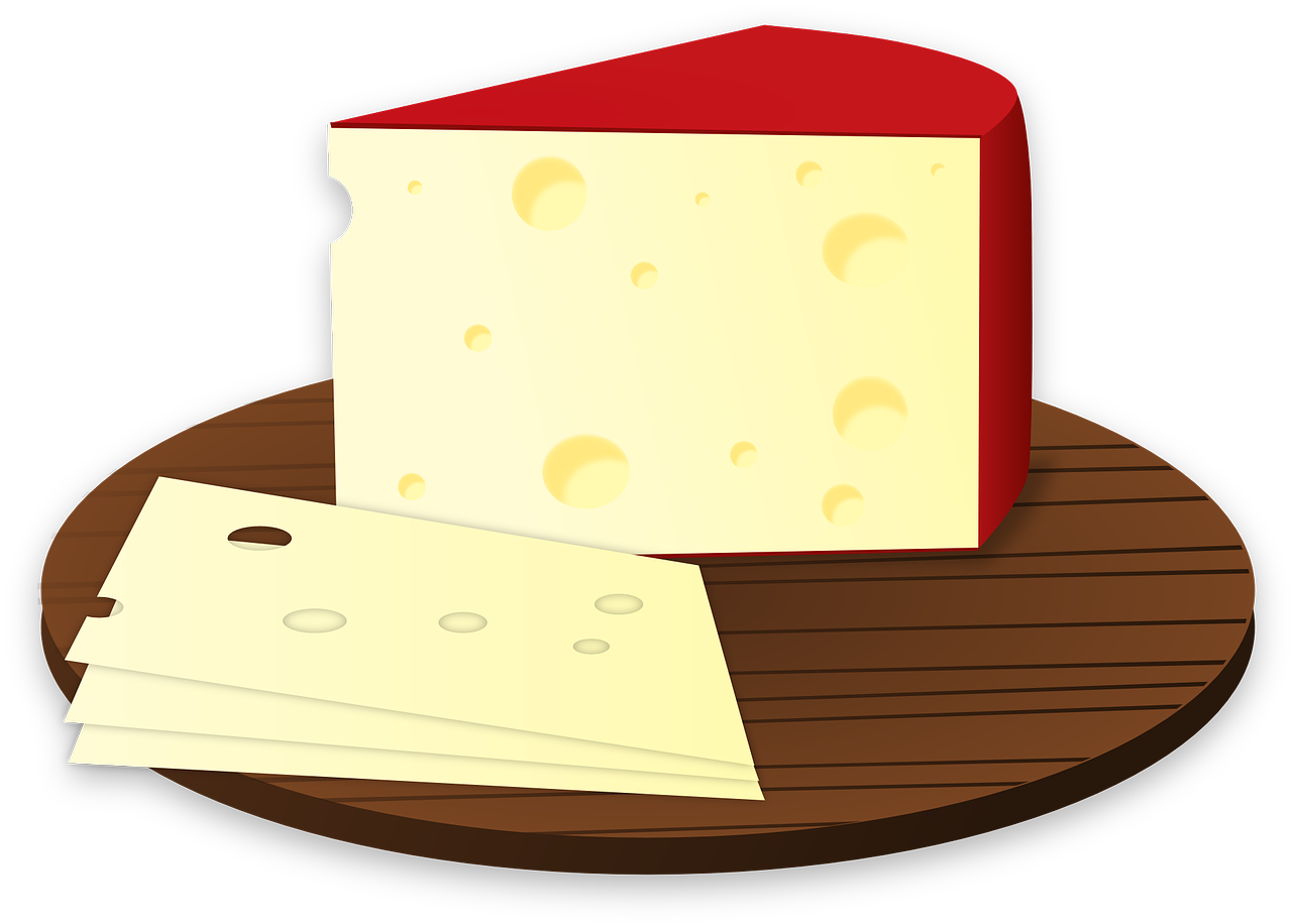 This is a diagram of a pie-shaped wedge of Swiss cheese with a red coating sitting on a brown, round, wooden tray. Three thin slices of the cheese are lying before the wedge.