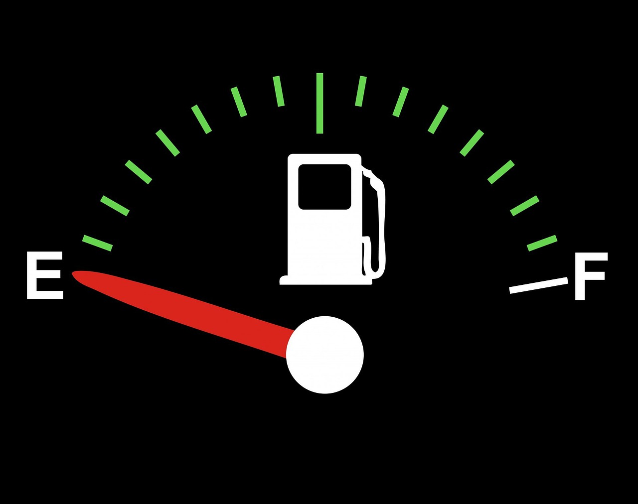 This is an image of a fuel gauge from a car on a black background. An image in the centre depicts a gas station fuel pump, and there are green graduations arranged in a half-circle above it. There is the letter ‘E’ at the left and the letter ‘F’ on the right. A red needle, that originates just below the fuel pump image points to the ‘E.’