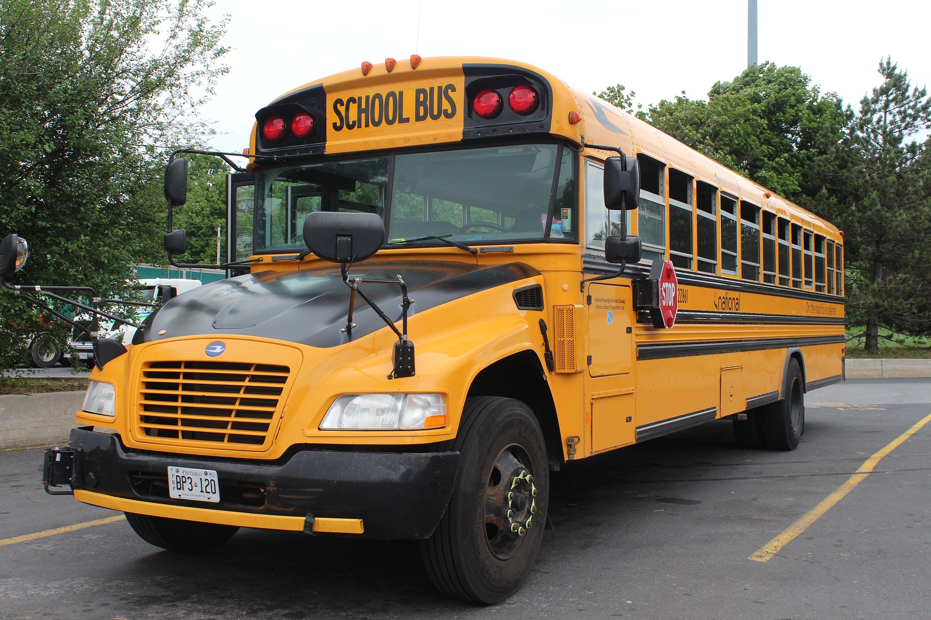 This is an image of a yellow school bus in a parking lot. The bus is positioned diagonally in the image with the front in the bottom-left corner. Grey sky and trees are in the background.