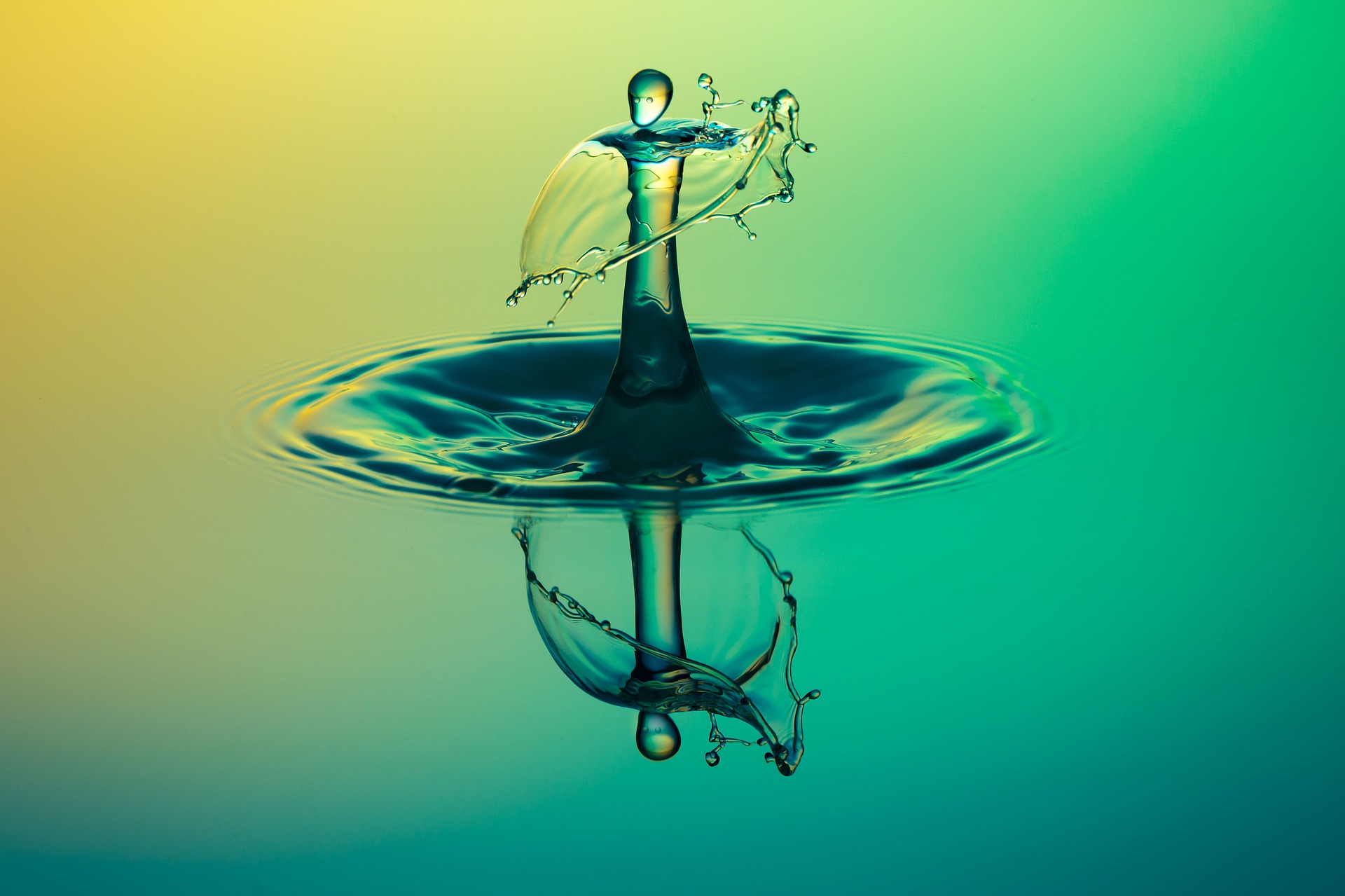 This is an image of water with a green and yellow background. In the centre of the image a drop has created some ripples and a column of water to rise up. This column can be seen below the ripples in a reflection.