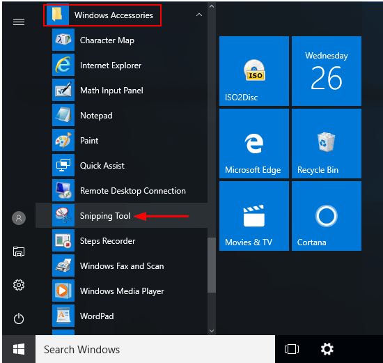 This is a screen capture of the windows start menu with an arrow pointing to the snipping tool.
