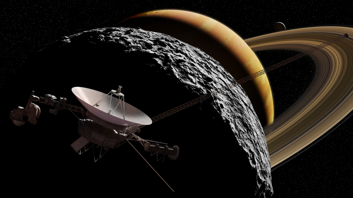 A space satellite in front of a rocky moon with the planet Saturn in the background.
