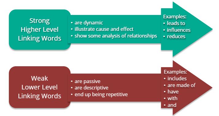 Strong, higher level linking words: are dynamic, illustrate cause and effect, show some analysis of relationships, e.g. leads to, influences, reduces. Weak lower level linking words: are passive, are descriptive, end up being repetitive, e.g. includes, are made of, have, with, and.
