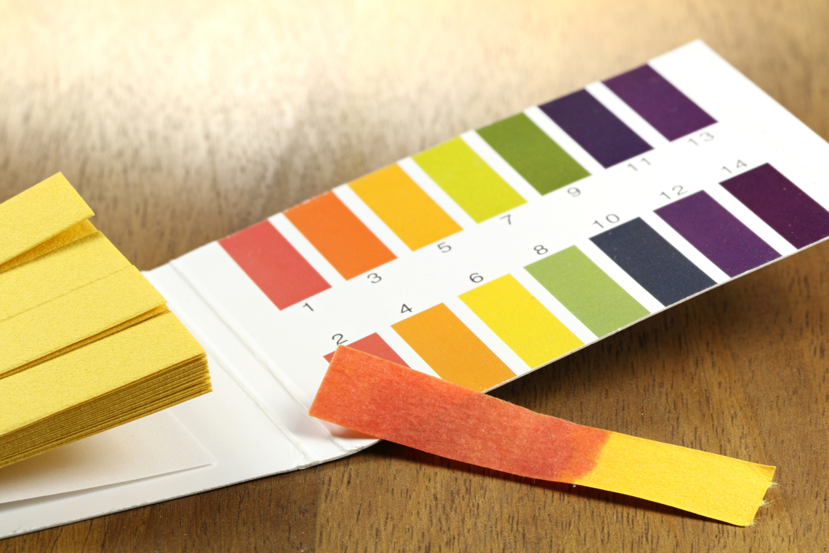 This is an image of yellow strips of paper with a universal indicator on them. There is one yellow strip that has been dipped in acid and matches the colour of pH 2 on the universal indicator legend. Each pH value is represented by a colour ranging from red (pH 1) to dark purple (pH 14).