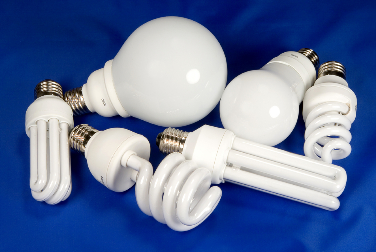 This is an image of six different types of white compact fluorescent light bulbs on a blue background.