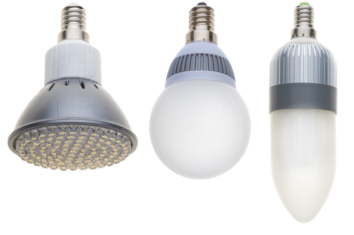 This is an image of three LED light bulbs of different shapes and sizes on a white background.