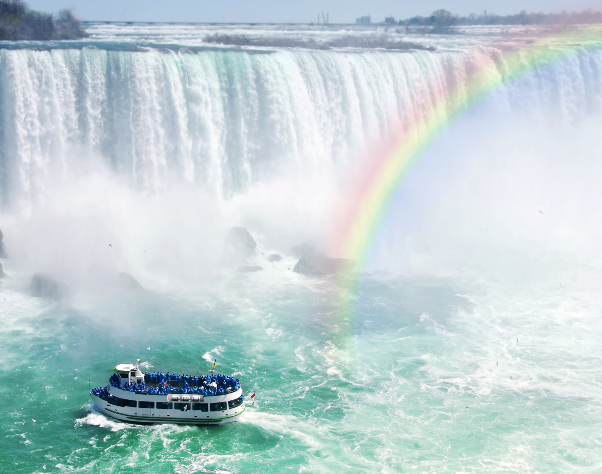 This is an image of Niagara Falls showing a tourist boat beneath the falls and a large rainbow above them. The rainbow has red, orange, yellow, green, blue and purple lines of the visible light spectrum.