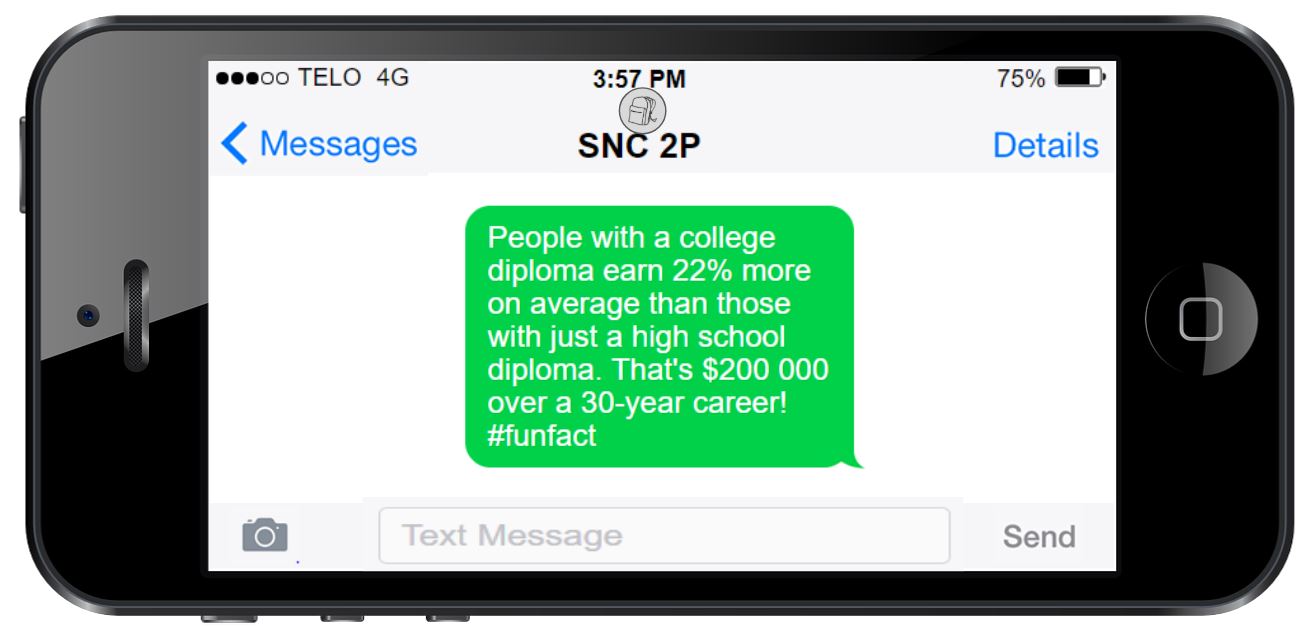 This is an image of a phone with a text message that reads, People with a college diploma earn 22% more on average than those with just a high school diploma. That's $200,000 over a 30-year career! #funfact.
