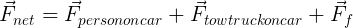 \large \vec{F}_{net}=\vec{F}_{person on car}+\vec{F}_{towtruck on car}+\vec{F}_{f}