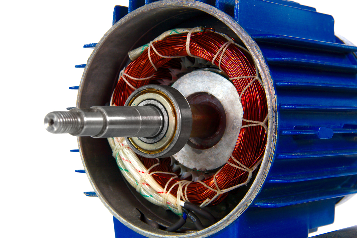 This image depicts a cutaway view of an electric motor showing the electromagnetic coils inside. 