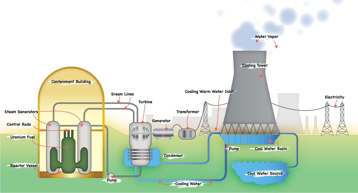 This image depicts a diagram of a nuclear power plant. 