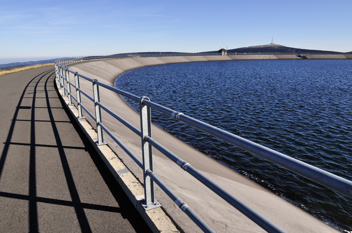 This image depicts a reservoir in a pumped hydroelectric storage facility. 