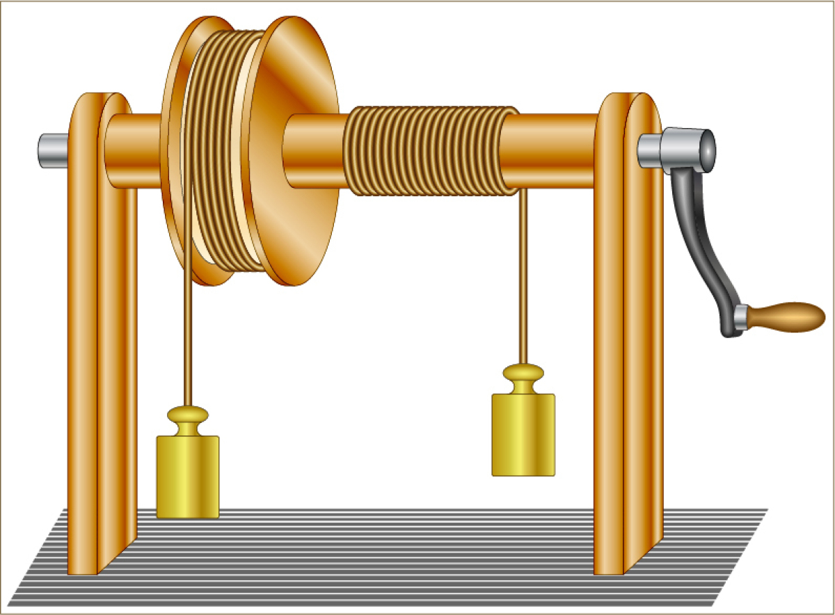 This image depicts a wheel and axle with weights hanging from ropes attached to both.  A lever turns the axle which in turn rotates the wheel.