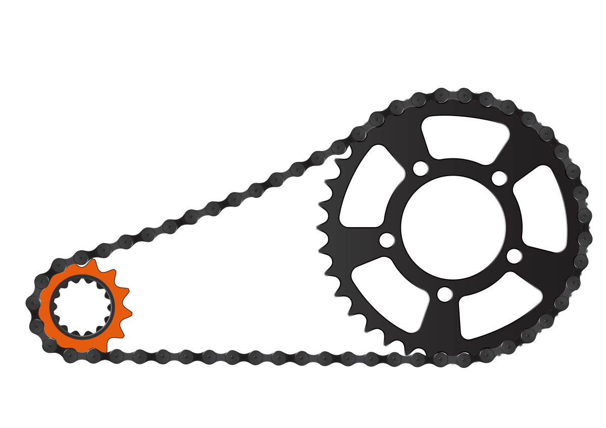 This image depicts one large gear connected to a smaller gear by a chain like that of a bicycle.