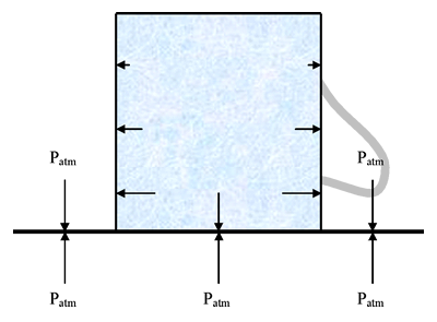 This image depicts the pressure forces acting in a system that includes an upside-down teacup full of water with a lid over its opening. 