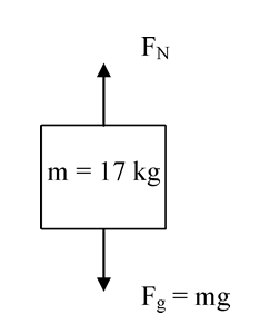This image depicts a free body diagram of a 17 kg mass with the force of gravity acting down and the normal force acting up.