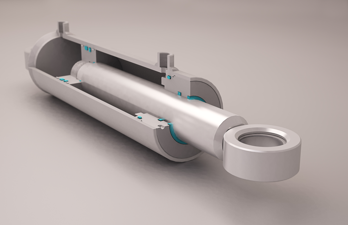 This image depicts a cross section of a hydraulic cylinder. 