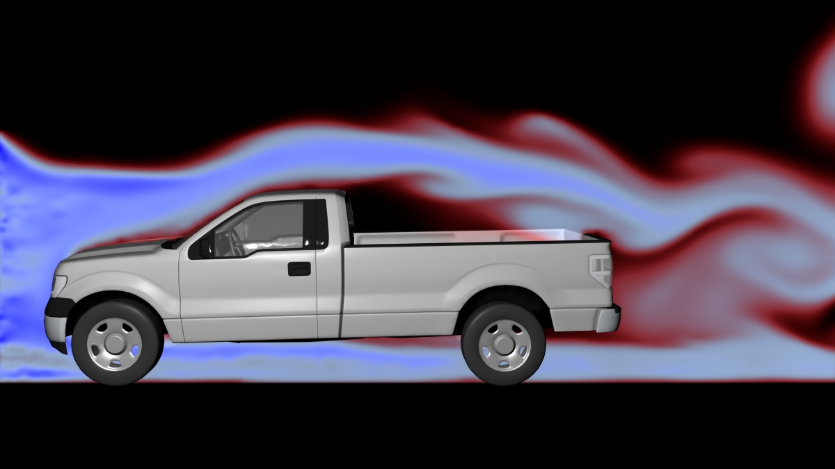 This image depicts a truck in a wind tunnel with laminar flow at the front of the truck and turbulent flow at the rear 