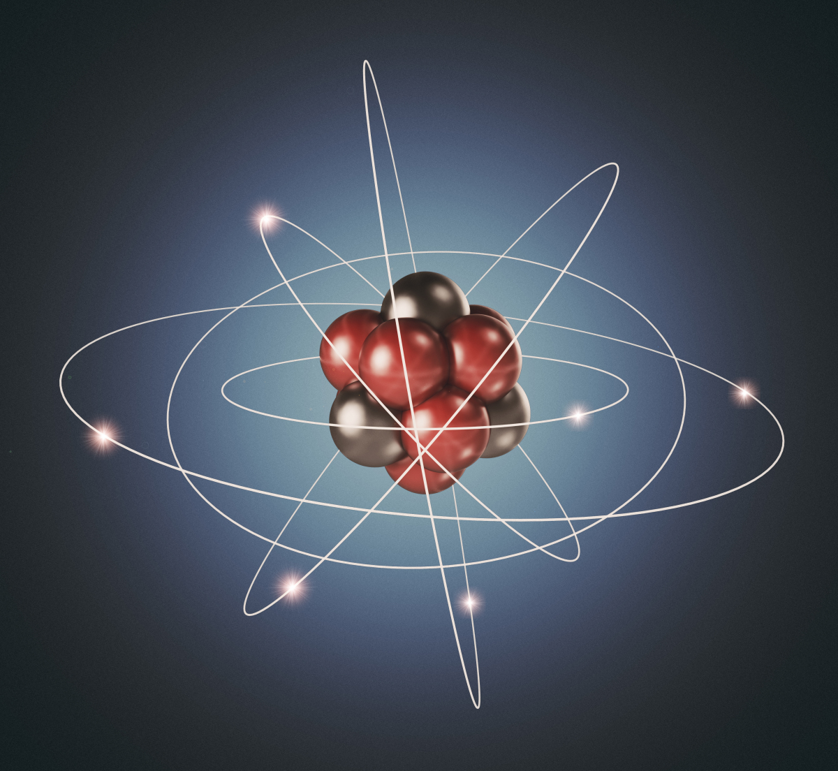This image depicts the Rutherford-Bohr model of the atom with large protons and neutrons packed tightly into the nucleus and smaller electrons orbiting in circular paths.