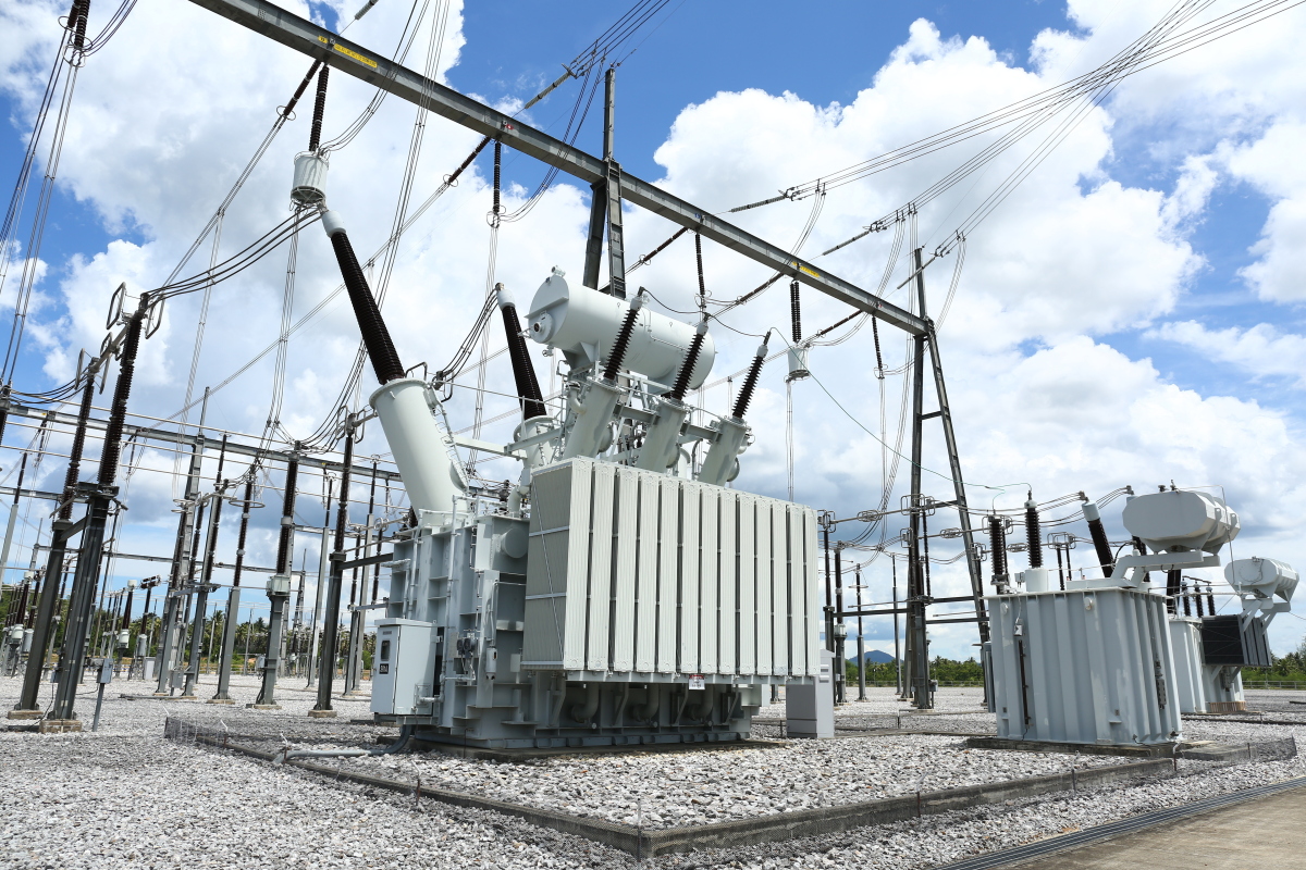 This image depicts a high voltage transformer substation. 