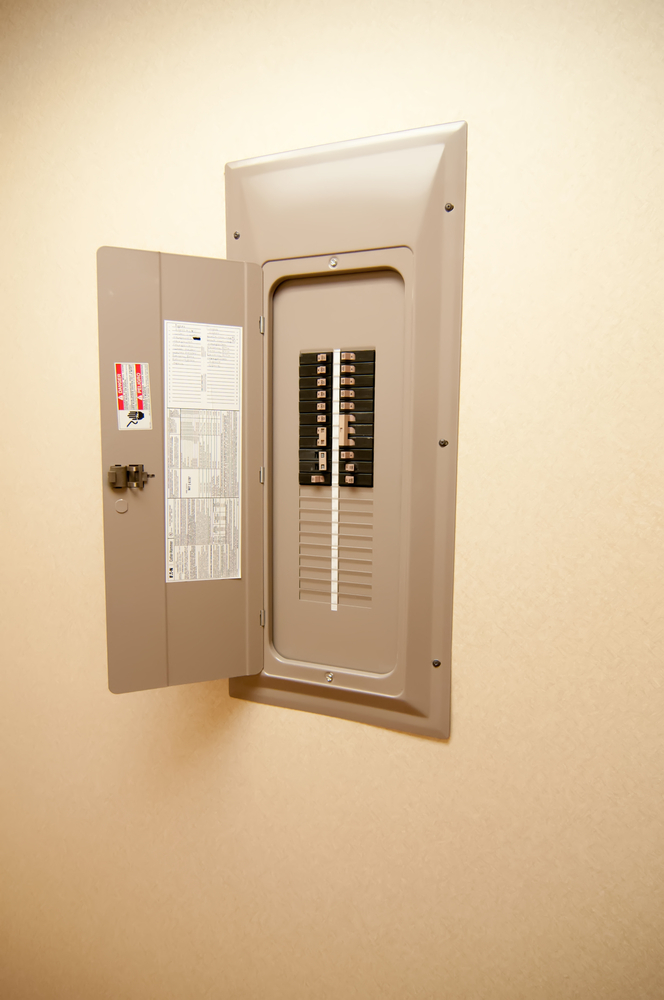 This image depicts a circuit breaker panel in a home.