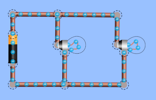 This image depicts a circuit created using the PhET DC circuit construction kit incorporating a battery and two light bulbs connected in parallel.