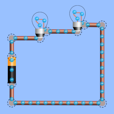  This image depicts a circuit created using the PhET DC circuit construction kit incorporating a battery and two light bulbs connected in series.
