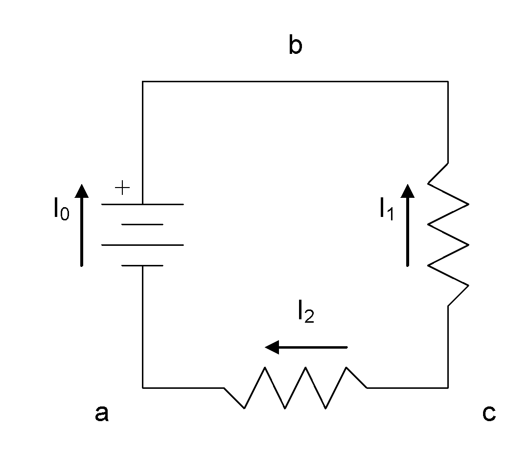 This image depicts a loop with three components in a circuit with current flow arrows added. 