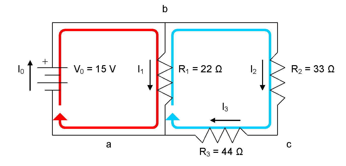 This image depicts a mixed parallel and series circuit with current flow arrows, node labels, and meshes.