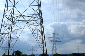 This is a photograph of several large hydro towers.